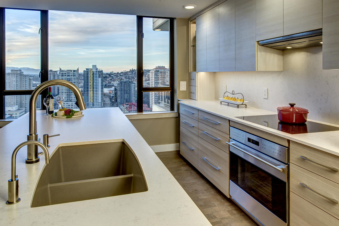 Provanti Designs - 'Light and Airy' Kitchen - 24th Floor condo - north view out windows