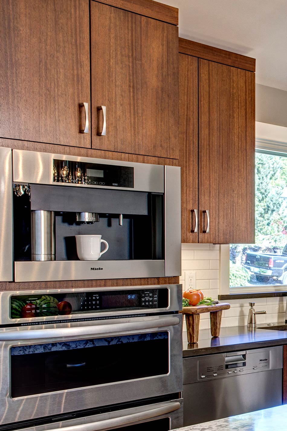 'Chorus Line' Kitchen - appliance wall with custom coffee built-in